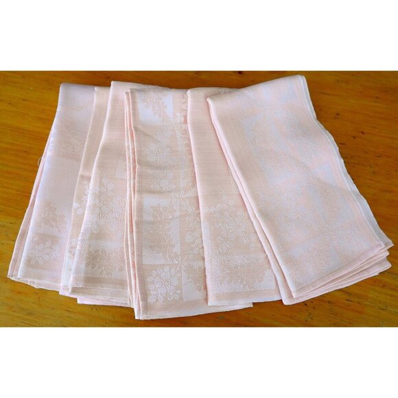 6 Vintage Pink Damask Large Napkins Cotton - Picture 2 of 4